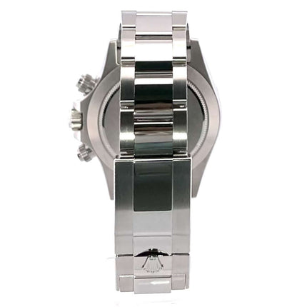 Rolex Daytona Edelstahl 116500LN Rückseite mit poliertem und satiniertem Edelstahl-Armband und Sicherheitsfaltschließe.