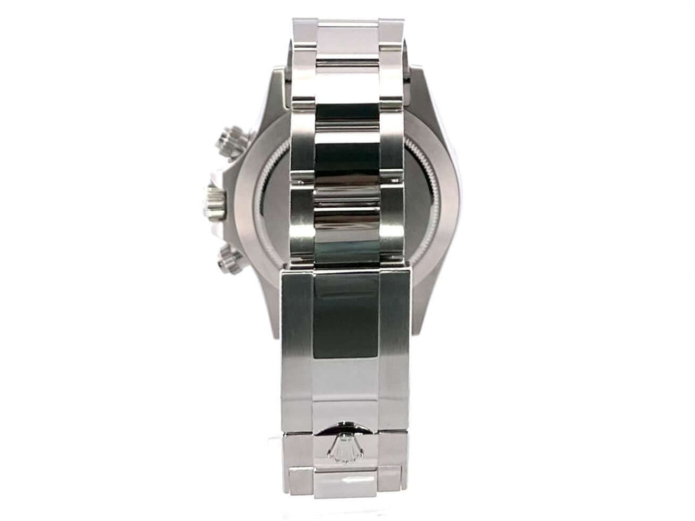 Rolex Daytona Edelstahl 116500LN Rückseite mit poliertem und satiniertem Edelstahl-Armband und Sicherheitsfaltschließe.