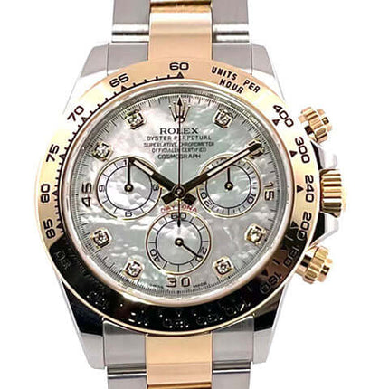 Rolex Daytona Edelstahl Gelbgold 116503 Perlmutt Diamant, 40 mm poliertes Edelstahlgehäuse, 18 kt Gelbgold-Lünette mit Tachymeterskala.