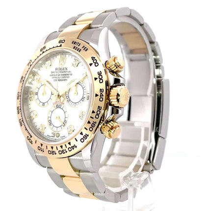 Rolex Daytona Edelstahl-Gold 116503 mit weißem Perlmutt-Diamantzifferblatt und Tachymeterskala, 40 mm Edelstahlgehäuse, Automatik, Saphirglas.