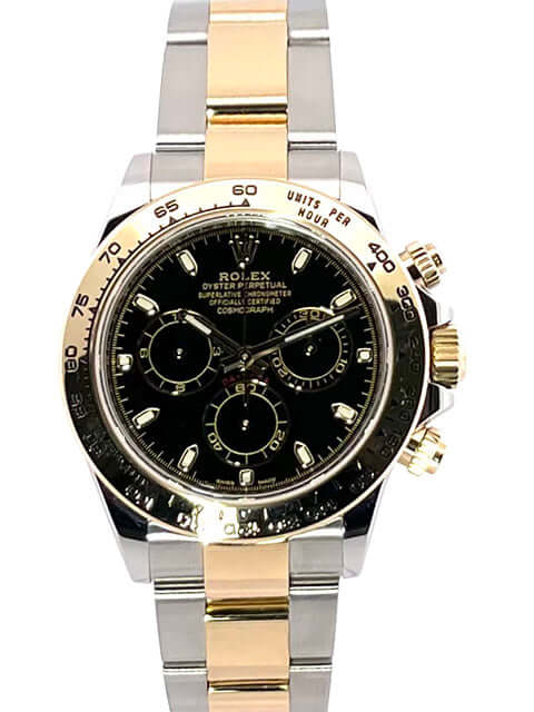 Rolex Daytona Cosmograph 116503 Edelstahl Gelbgold mit schwarzem Zifferblatt und Tachymeter-Skala, 40mm Gehäuse von 2020 in Nahaufnahme