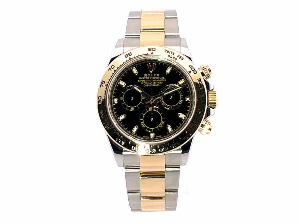 Rolex Daytona Edelstahl Gelbgold 116503 mit schwarzem Zifferblatt, 40 mm Gehäuse und Oyster-Armband, 2020 Modell, poliert und satiniert.