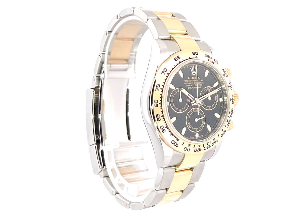 Rolex Daytona Edelstahl Gelbgold 116503 Schwarz mit schwarzem Zifferblatt, poliertem Edelstahl und 18 kt Gelbgold Armband, Jahr 2020.