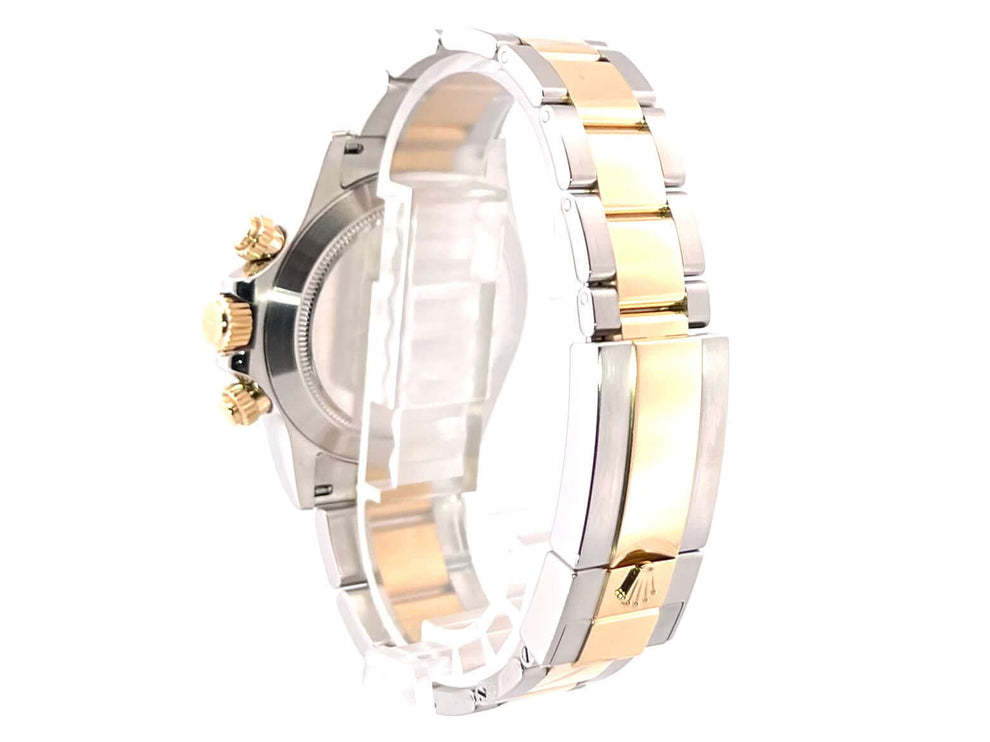 Rolex Daytona Edelstahl Gelbgold 116503, Rückansicht des Oyster Armbands und des 18 kt Gelbgold-Tachymeter-Lünettes, 2020 Modell.