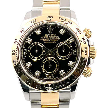 Rolex Cosmograph Daytona Edelstahl Gelbgold 116503 mit schwarzem Diamantzifferblatt und 18 kt Gelbgold-Lünette aus 2020.