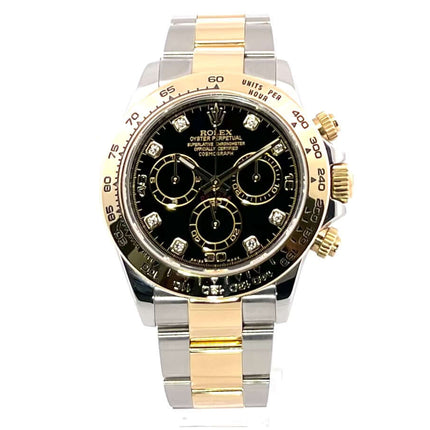 Rolex Daytona Edelstahl-Gelbgold 116503 mit schwarzem Diamantzifferblatt und Oyster-Armband aus Edelstahl und 18 kt Gelbgold.