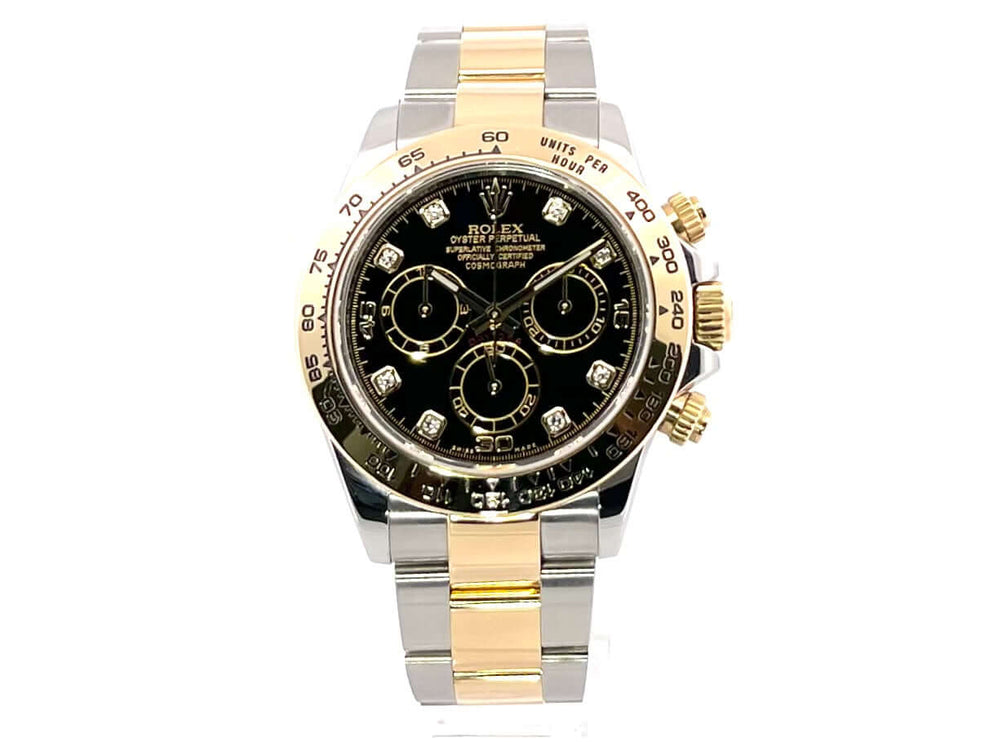 Rolex Daytona Edelstahl-Gelbgold 116503 mit schwarzem Diamantzifferblatt und Oyster-Armband aus Edelstahl und 18 kt Gelbgold.