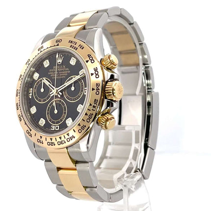 Rolex Daytona Edelstahl Gelbgold 116503 Schwarz Diamant, 40 mm poliertes Edelstahl-Gehäuse, 18 kt Gelbgold Lünette und Armband, schwarzes Diamantzifferblatt