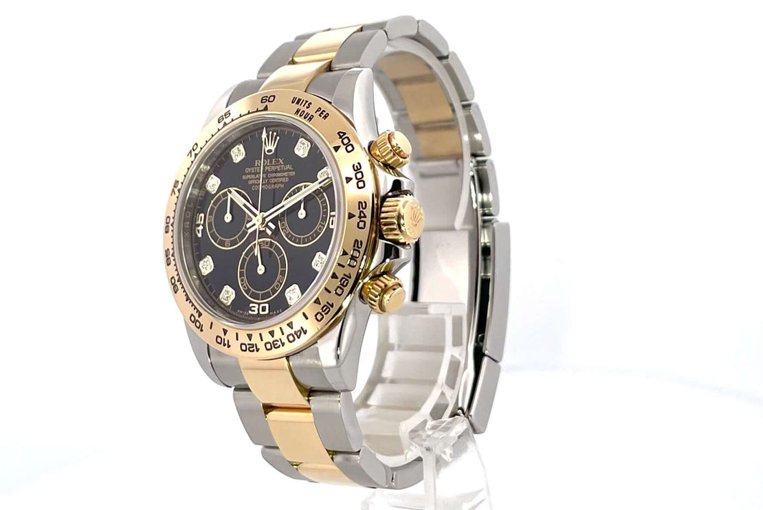 Rolex Daytona Edelstahl Gelbgold 116503 Schwarz Diamant, 40 mm poliertes Edelstahl-Gehäuse, 18 kt Gelbgold Lünette und Armband, schwarzes Diamantzifferblatt