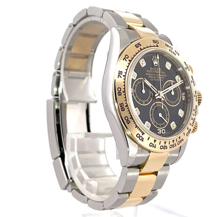 Rolex Daytona Edelstahl Gelbgold 116503 Schwarz Diamant mit schwarzem Zifferblatt und Oyster-Armband, poliert und satiniert.