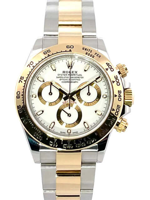 Rolex Cosmograph Daytona 116503 Edelstahl und Gelbgold Uhr mit weißem Zifferblatt aus dem Jahr 2021 anzeigen