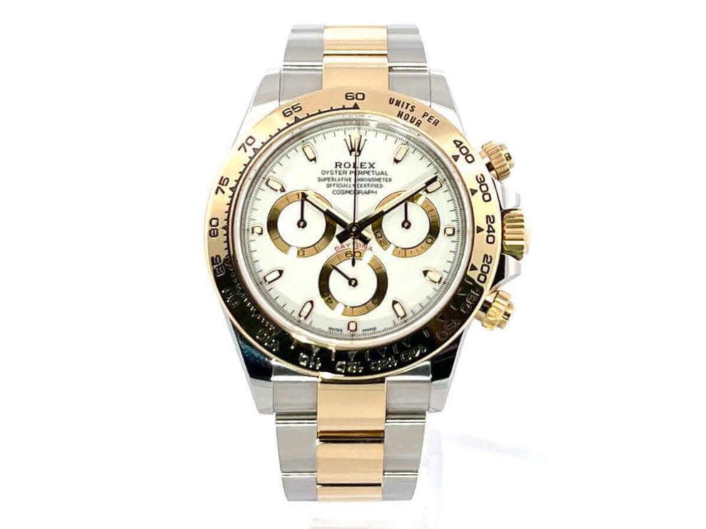 Rolex Daytona 116503 weißes Zifferblatt, Edelstahl und 18 kt Gelbgold, Tachymeter-Lünette, Oyster-Armband, Automatik Mechanik
