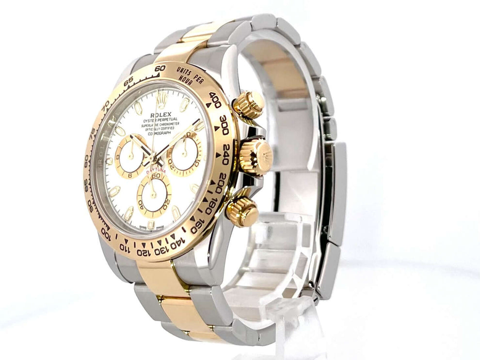 Rolex Daytona Edelstahl Gelbgold 116503 Weiss, 40 mm, weißes Zifferblatt, 18 kt Gelbgold Lünette, Oyster Armband, Automatik, 2021 Modell.