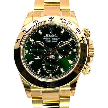 Rolex Cosmograph Daytona 18 kt Gelbgold Ref. 116508 mit grünem Zifferblatt und poliertem Gelbgoldgehäuse, Tachymeterlünette und Faltschließe