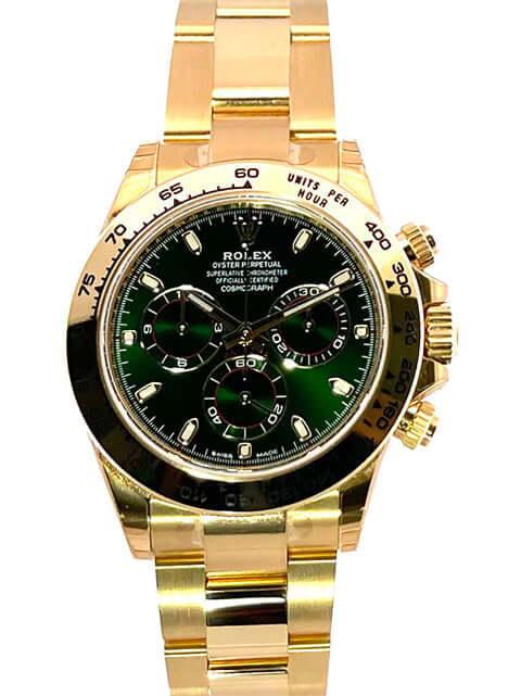 Rolex Cosmograph Daytona 18 kt Gelbgold Ref. 116508 mit grünem Zifferblatt und poliertem Gelbgoldgehäuse, Tachymeterlünette und Faltschließe