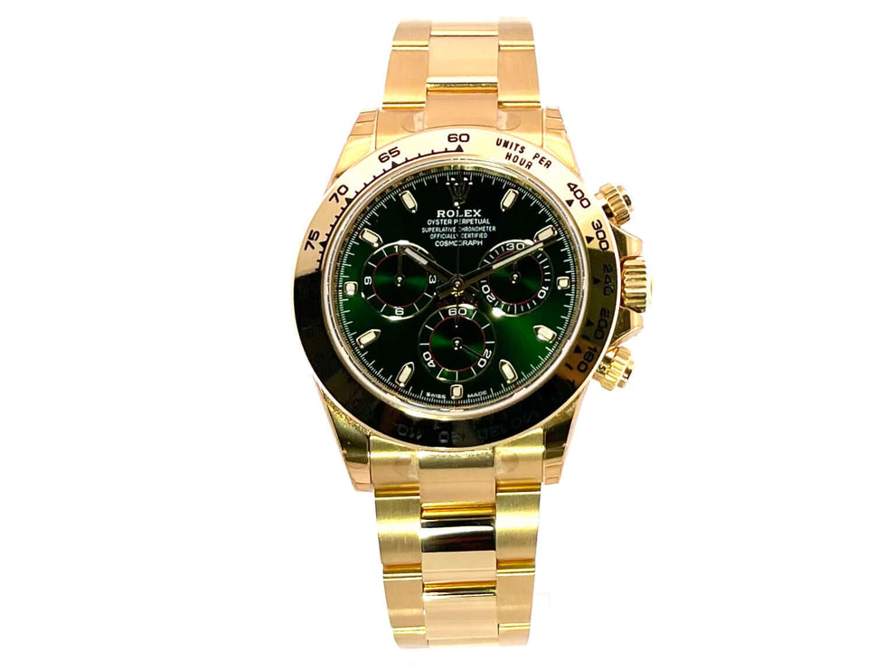 Rolex Cosmograph Daytona 116508 Grün 18 kt Gelbgold 2019 ungetragen mit grünem Zifferblatt und Oyster Armband