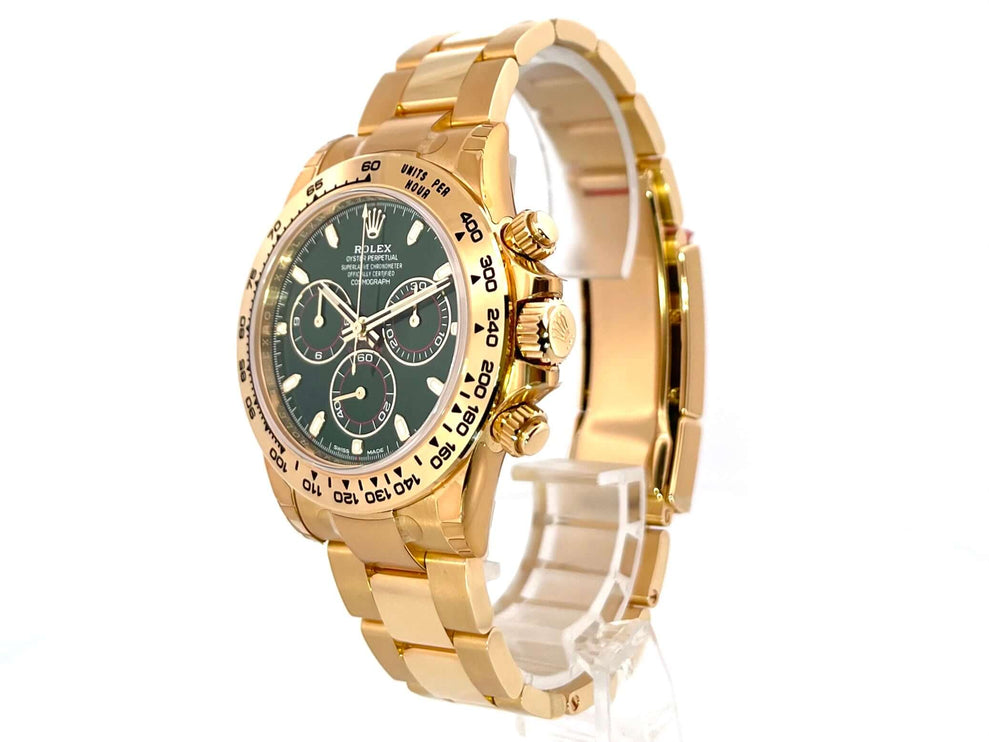 Rolex Cosmograph Daytona Gelbgold 116508 Grün mit grünem Zifferblatt und 40 mm Gehäuse, aus 18 kt poliertem und satiniertem Gelbgold.