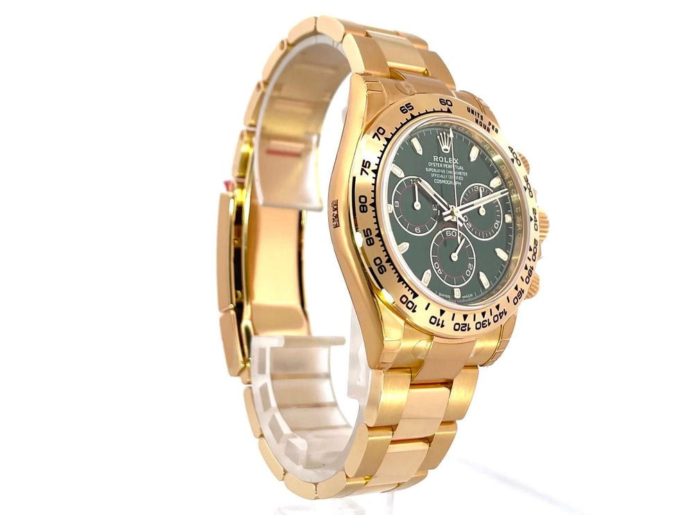 Rolex Cosmograph Daytona 18 kt Gelbgold Ref. 116508 mit grünem Zifferblatt und Tachymeterlünette aus Gelbgold, 40 mm Gehäusedurchmesser