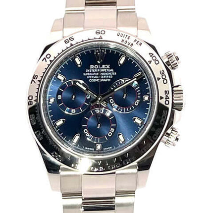 Rolex Cosmograph Daytona 116509 in 18 kt Weißgold mit blauem Zifferblatt und Tachymeter-Lünette, 40 mm Durchmesser, Automatikwerk, Oyster-Armband.
