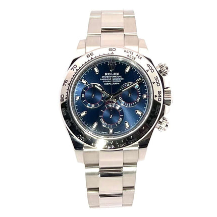 Rolex Cosmograph Daytona 116509 Weißgold Blau, 18 kt poliertes Weißgoldgehäuse und Armband, 40 mm Tachymeterskala Lünette, blaues Zifferblatt.