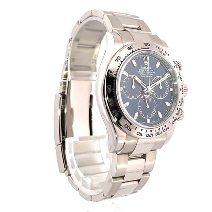 Rolex Cosmograph Daytona 116509 Weißgold mit blauem Zifferblatt und Oyster-Armband, Tachymeterskala auf Lünette, Herrenautomatik aus 2019.