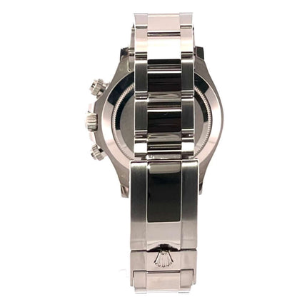 Rückseite der Rolex Cosmograph Daytona 116509 Weißgold Blau mit poliertem 18 kt Weißgold Armband und Faltschließe.