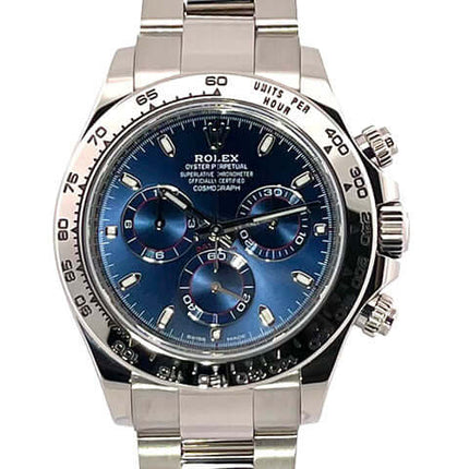 Rolex Cosmograph Daytona 116509 Weißgold Blau, 18 kt Weißgoldgehäuse, blaues Zifferblatt, Tachymeter-Lünette und 18 kt Weißgold-Armband.