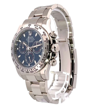 Rolex Cosmograph Daytona 116509 Weißgold mit blauem Zifferblatt, 18 kt Weißgold-Gehäuse, Tachymeterskala und Leuchtindizes, Automatikwerk.