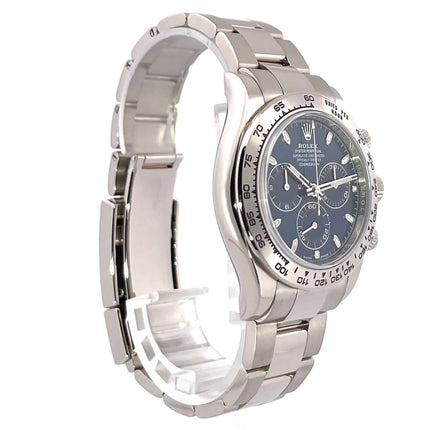 Rolex Cosmograph Daytona 116509 Weißgold mit blauem Zifferblatt und Tachymeterskala, poliertes und satiniertes 18 kt Weißgoldgehäuse und Armband.
