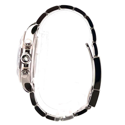 Seitenansicht der Rolex Cosmograph Daytona 116509 Weißgold Blau mit 18 kt Weißgoldgehäuse und Armband.