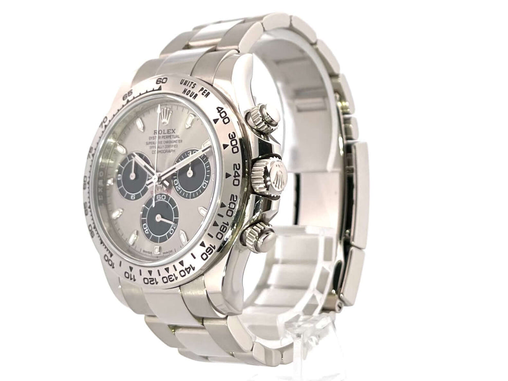 Rolex Cosmograph Daytona Weißgold 116509 Grau mit 18 kt Weißgold-Gehäuse und -Armband, graues Zifferblatt, Tachymeterskala, Automatikwerk.