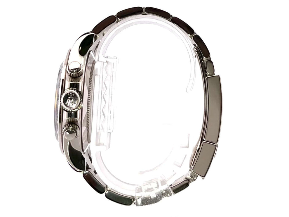 Rolex Cosmograph Daytona Weißgold 116509 Seitenansicht mit 18 kt Weißgoldgehäuse und Armband, Tachymeter-Skala und Faltschließe