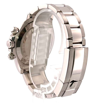 Rückansicht des Rolex Cosmograph Daytona Weißgold 116509 mit poliertem und satiniertem Oyster-Armband.