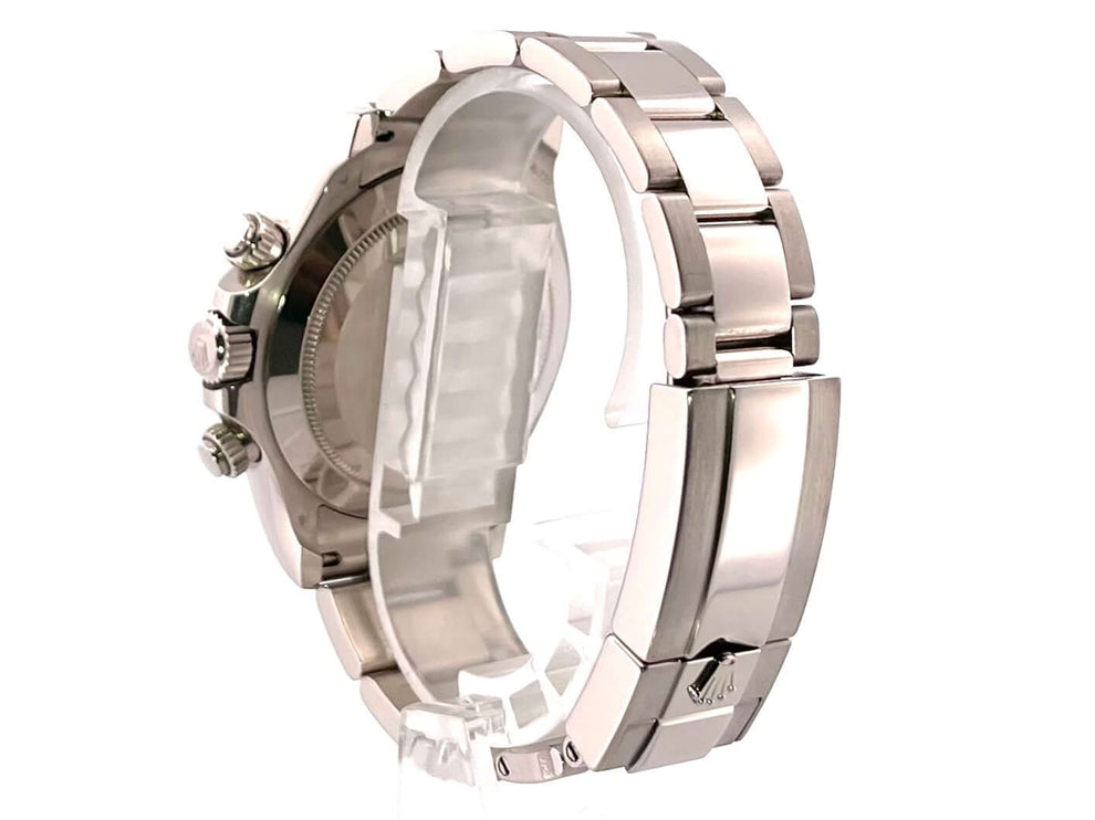Rückansicht des Rolex Cosmograph Daytona Weißgold 116509 mit poliertem und satiniertem Oyster-Armband.