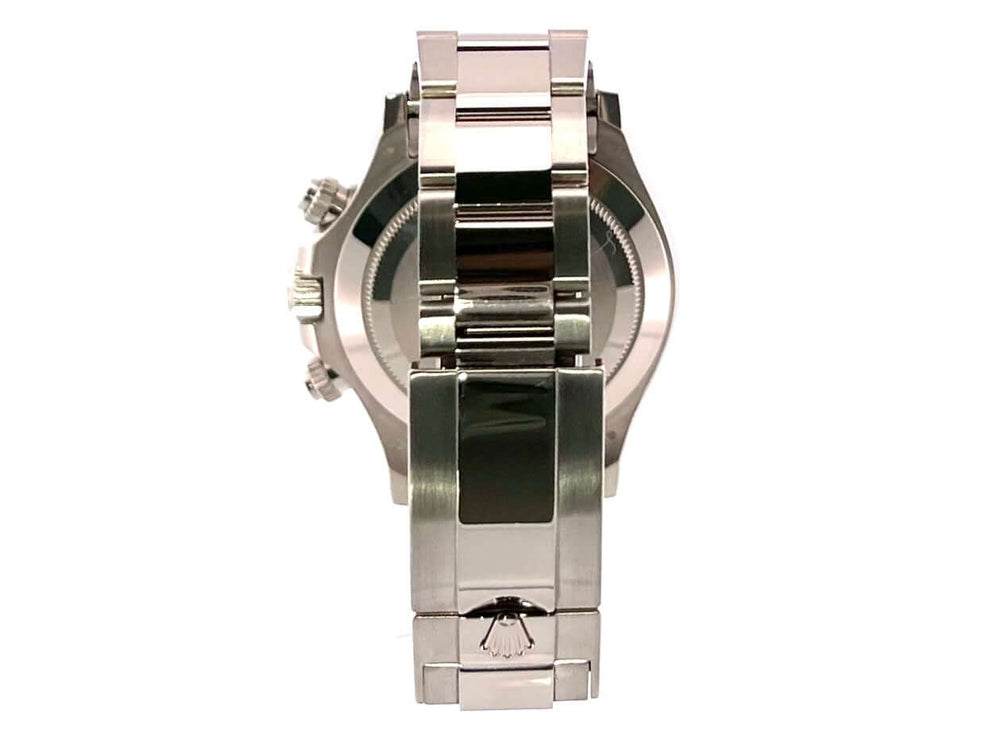 Rückansicht der Rolex Cosmograph Daytona Weißgold 116509 mit poliertem 18 kt Weißgold Armband und Faltschließe.