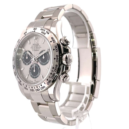 Rolex Cosmograph Daytona 116509 Weißgold Grau Zifferblatt aus 2022, luxuriöse Armbanduhr aus 18 kt Weißgold mit Tachymeterskala und Oyster-Armband.
