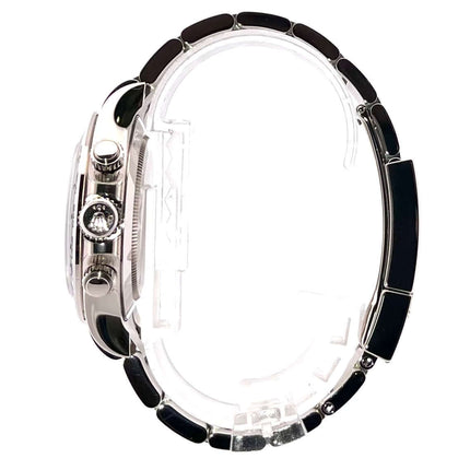 Seitenansicht der Rolex Cosmograph Daytona 116509 Weißgold mit poliertem 18 kt Weißgoldgehäuse und Faltschließe, graues Zifferblatt.