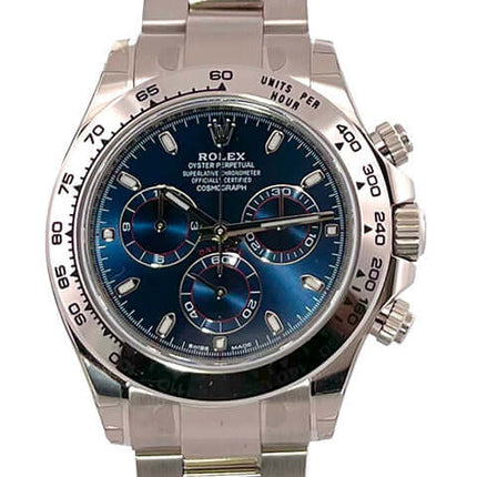 Rolex Cosmograph Daytona 116509 Weißgold mit blauem Zifferblatt, 18 kt poliertes und satiniertes Armband, Tachymeterskala, Automatikwerk.