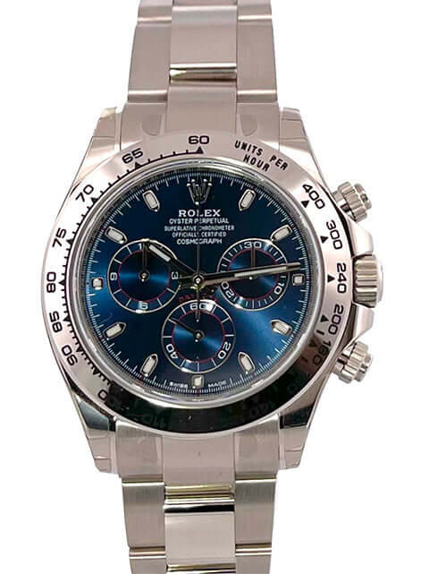 Rolex Cosmograph Daytona 116509 Weißgold mit blauem Zifferblatt, 18 kt poliertes und satiniertes Armband, Tachymeterskala, Automatikwerk.