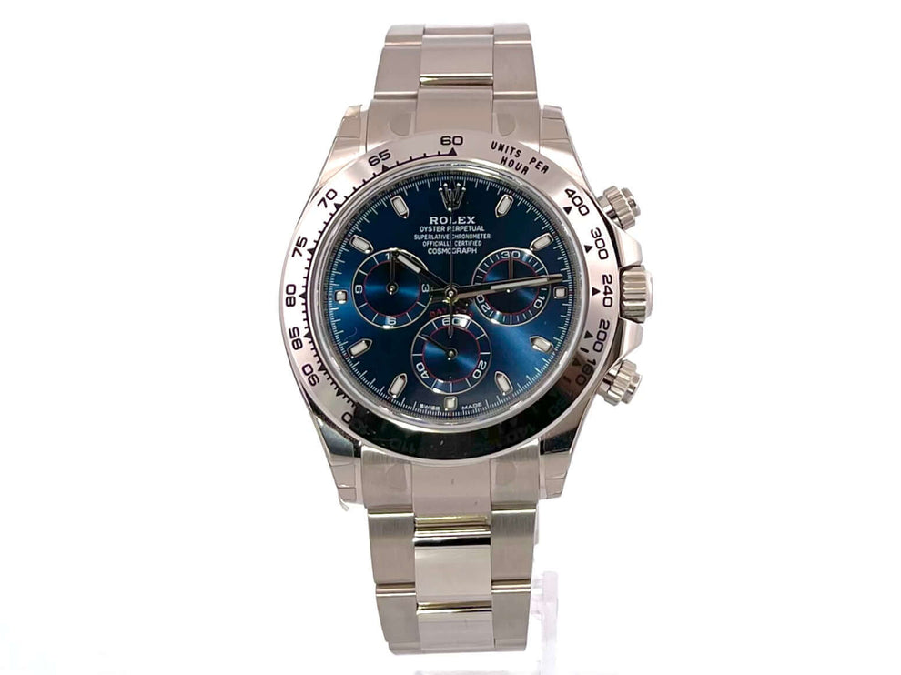 Rolex Cosmograph Daytona 116509 aus 18 kt Weißgold mit blauem Zifferblatt und Oyster Armband, Tachymeterskala, Automatikwerk.