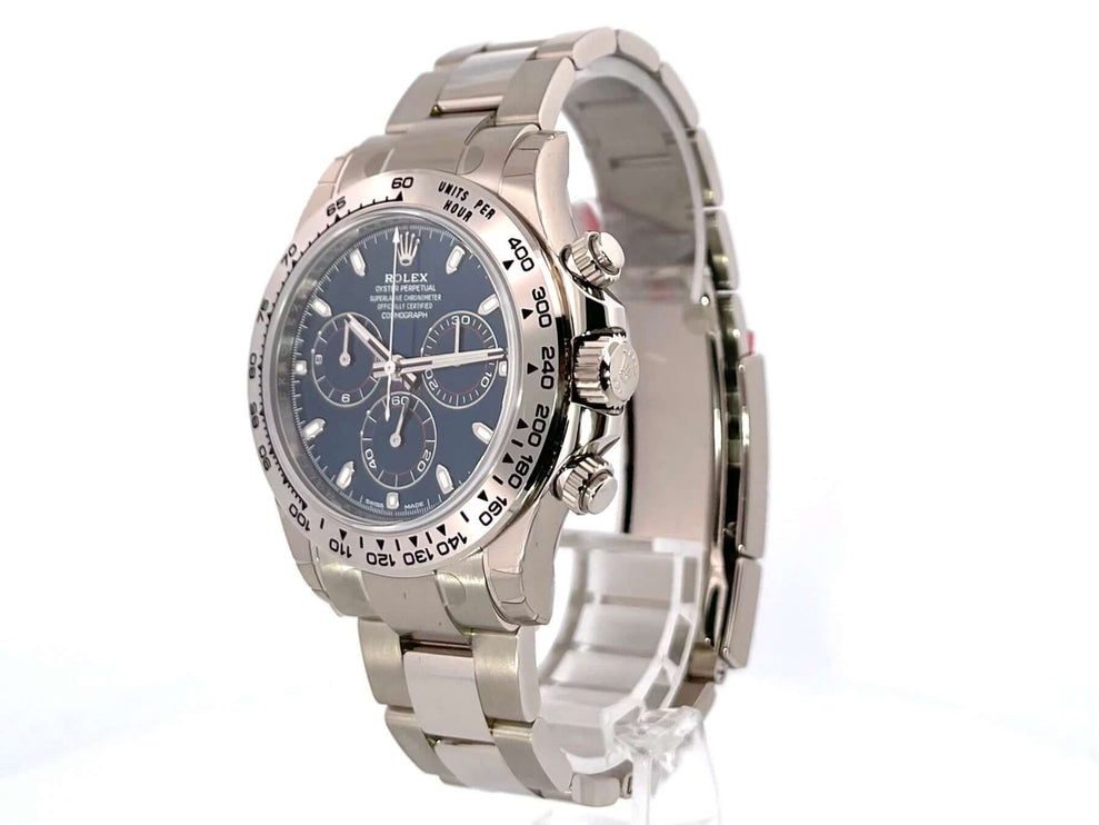 Rolex Cosmograph Daytona 116509 18 kt Weißgold Blaues Zifferblatt mit 40 mm Gehäuse und Tachymeterskala.