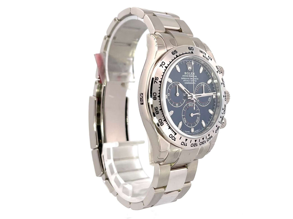 Rolex Cosmograph Daytona 116509 Weißgold mit blauem Zifferblatt und weißgoldenem Armband, poliert und satiniert.