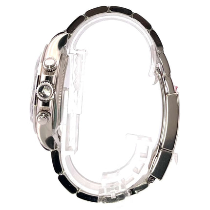 Seiteansicht der Rolex Cosmograph Daytona 116509 Weißgold mit blauem Zifferblatt und Oyster-Armband