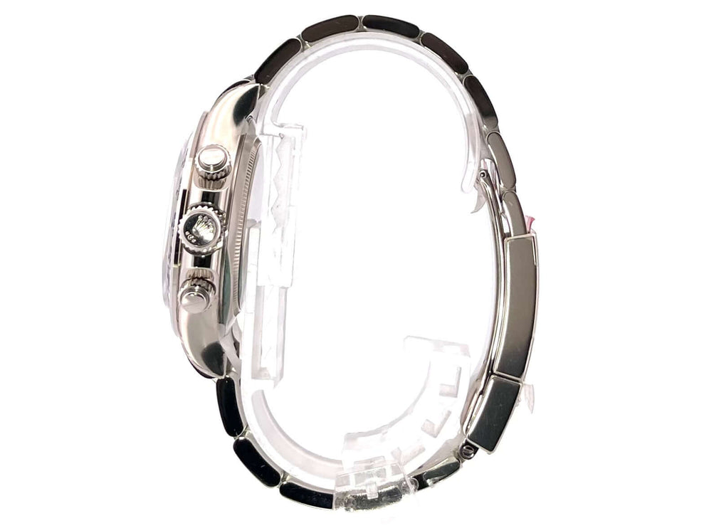 Seiteansicht der Rolex Cosmograph Daytona 116509 Weißgold mit blauem Zifferblatt und Oyster-Armband