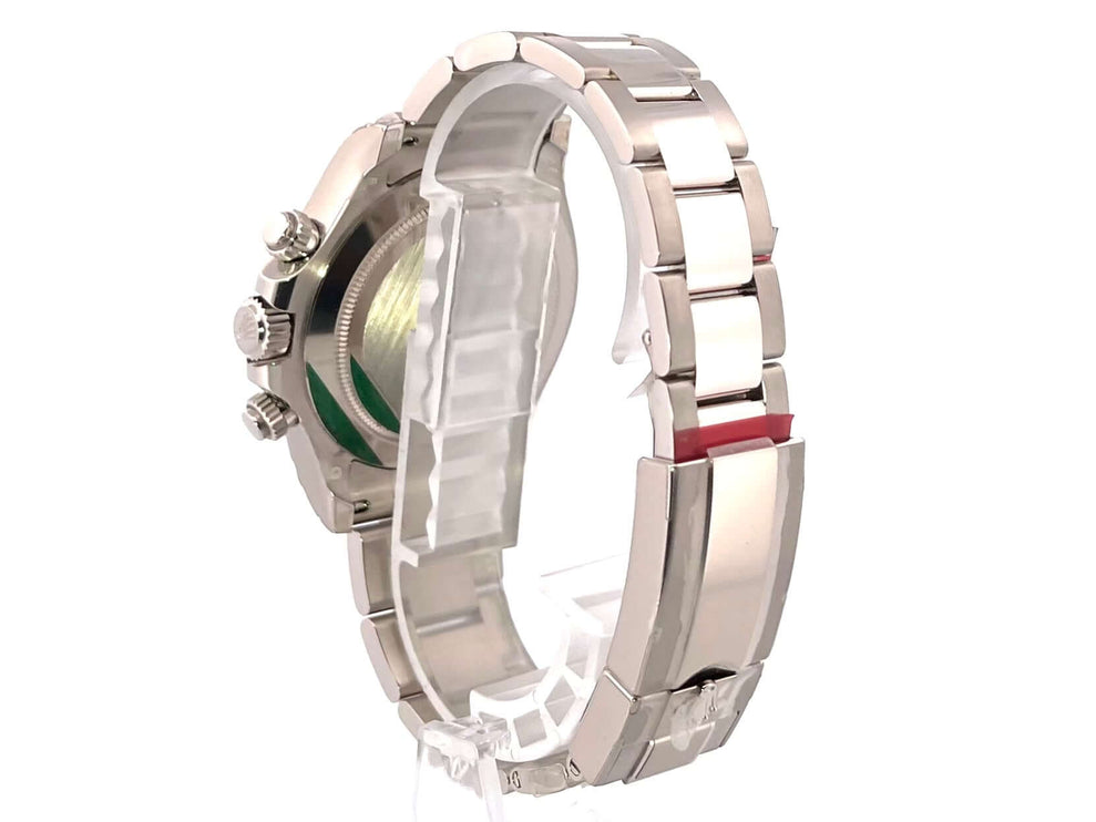 Rückansicht der Rolex Cosmograph Daytona 116509 Weißgold mit poliertem und satiniertem Gehäuse sowie Oyster-Armband.