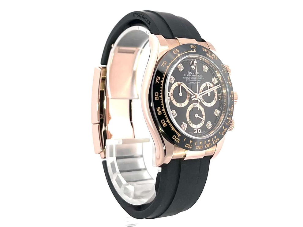 Rolex Daytona 116515LN Everose-Gold Schwarz Diamant Uhr mit Oysterflex-Armband und Keramik Lünette, schwarzes Zifferblatt mit Diamanten.