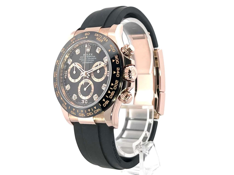 Rolex Daytona 116515LN Everose-Gold Schwarz mit Diamanten auf Oysterflex-Armband, 40mm Gehäuse, Keramik Lünette und schwarzem Zifferblatt.