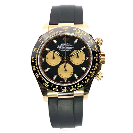 Rolex Daytona 116518LN Gelbgold Oysterflex, schwarzes Zifferblatt mit Champagnerfarbene Totalisatoren, Keramik Lünette, 18 kt Gelbgold.