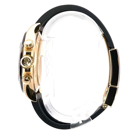 Seitenansicht Rolex Cosmograph Daytona 116518LN Gelbgold Oysterflex mit schwarzem Zifferblatt und Champagner Totalisatoren