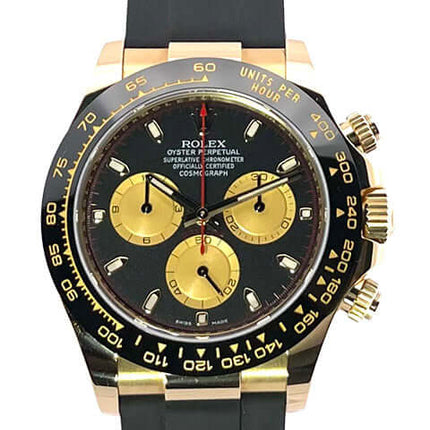 Rolex Daytona 116518LN aus Gelbgold, schwarzes Zifferblatt mit Champagner-Totalisatoren und schwarzes Oysterflex-Band